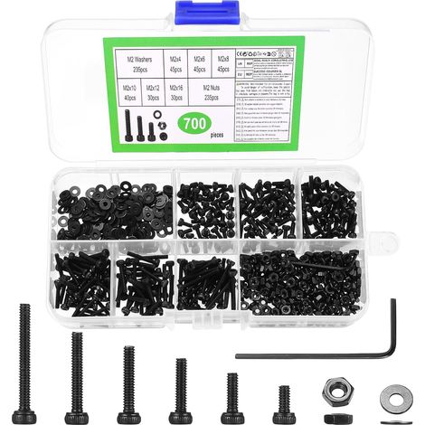 700 Pcs Vis M2 Noir, Boulons et Écrous Noirs, Petits Boulon à Tête Cylindrique à Six Pans et Rondelles, Vis à Tête Creuse Hexagonale en Acier Inoxydable pour Réparation de Vélos et Motos (1/5)