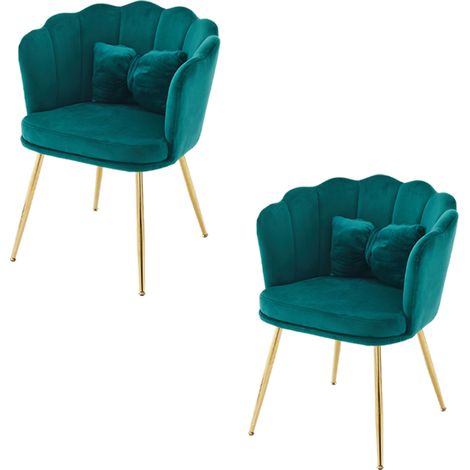 Set di 2 sedie imbottite in velluto verde con schienale a petalo e gambe in metallo dorato (1/5)