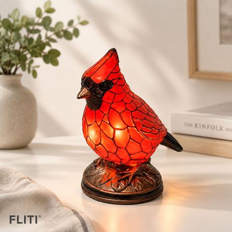 FLITI Vogel-Nachttischlampe, Harzmosaik-Buntglas, Rot, kleines Modell, Holzsockel, Nachtlicht, dekorativ (1/5)