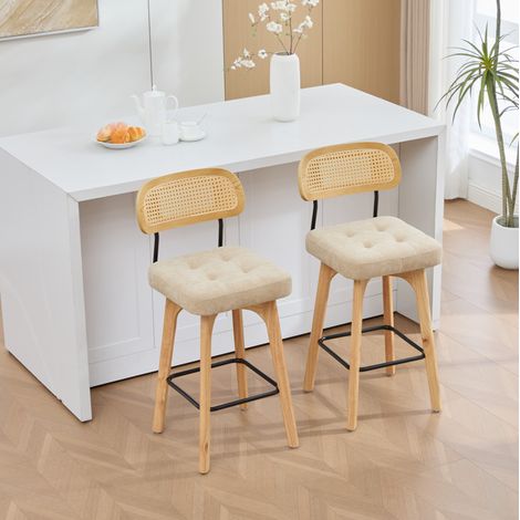Set di 2 sgabelli da bar girevoli 360° 44x51x96 cm ciniglia kaki rattan - CHICFURN (1/5)