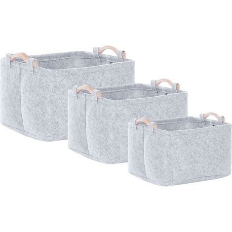 Conjunto de 3 cestas de fieltro gris claro hecho a mano asas de madera Baysai