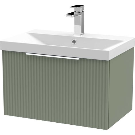 Hudson Reed Fluted Wall Hung 1-Drawer Vanity Unit with Basin 3 600mm Wide - Satin Green (1/5)