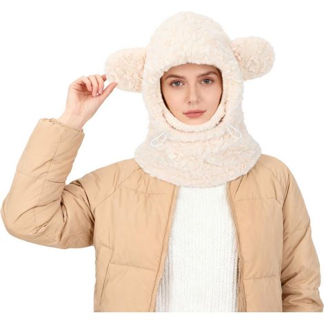 Damen Plüsch Balaclava 3-in-1 mit Bärenohren, winddicht, beige (1/5)