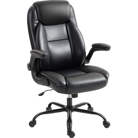Schwarzer Bürostuhl mit hochklappbaren Armlehnen, ergonomischem Design, verstellbarer Höhe und Wippfunktion. (1/5)