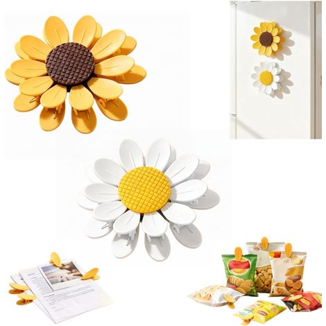 Lot de 10 pinces magnétiques en forme de tournesol pour sachets à goûter, accessoires mignons et polyvalents pour sceller les aliments et décorer le réfrigérateur, lot de 10 pétales (mélange) (1/5)