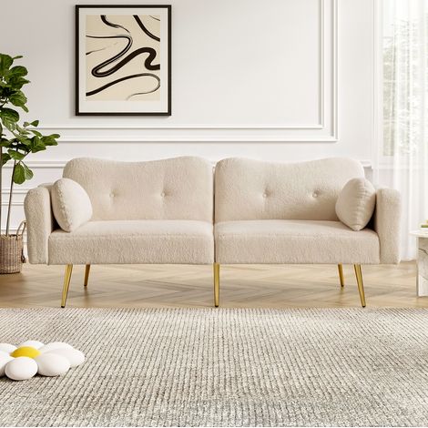 Divano letto a 2 posti 155x85.5 cm, schienale a 3 posizioni, con cuscini, imbottitura in schiuma, beige naturale (1/5)
