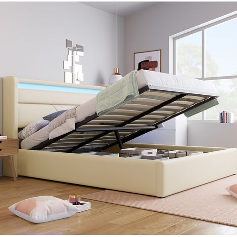Bett Polsterbett modern aus weißem PU 140x200 cm mit LED-Kopfteil und hydraulischem Stauraum-Lattenrost (1/5)