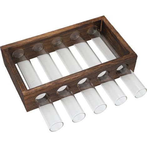 Lot en bois vintage + 5 tubes en verre transparent pour vase mural ou décor de table, kit de culture hydroponique créatif, support mural design. (1/5)