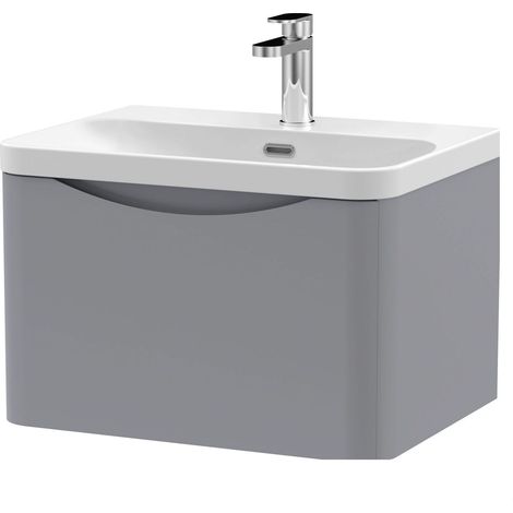 Balterley Dunwood Modern Wall Hung 1-Drawer Bathroom Vanity with Thin Edge Ceramic Basin, Satin Grey, 600mm