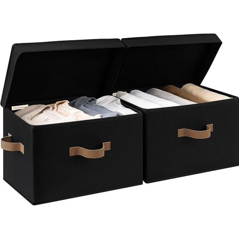 Boîtes de rangement en tissu avec couvercles, boîtes de rangement étagères, paniers à linge pliables avec poignées organisation de jouets, noir (1/2)