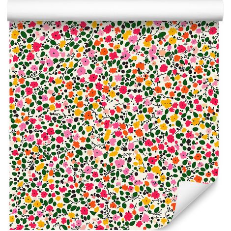 Tapete mit kleinen Blumen in Beige, Grün und Koralle für Wohn- und Schlafzimmer, 50 x 1000 cm (1/5)