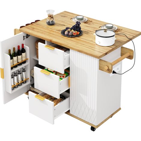 Desserte de cuisine mobile avec plateau rabattable, 3 tiroirs, 2 placards, prises et USB, roulettes verrouillables, blanc, MDF et métal, 70 kg - CHICFURN (1/5)