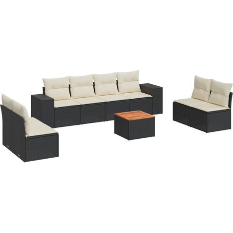 Salon de jardin 9 pcs Mobilier de jardin avec coussins noir résine tressée (1/5)
