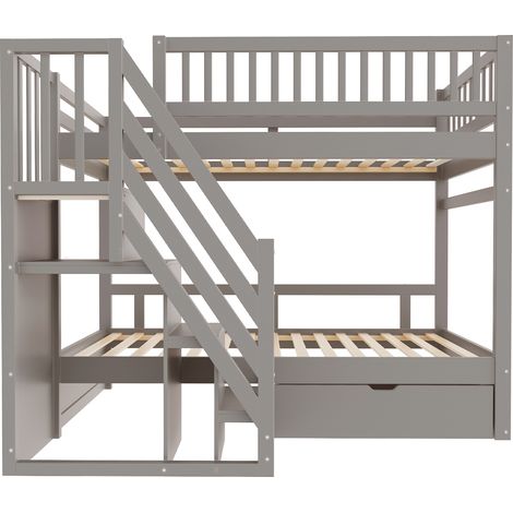 Litera 90x200 cm gris de madera con escalera con almacenamiento, barandillas altas y cajones (1/5)