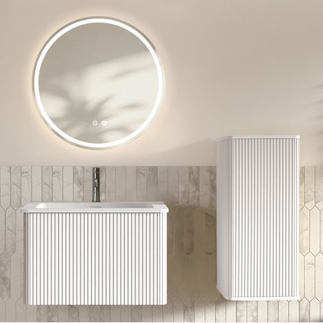 Badmöbel Set, wandhängender Waschbeckenunterschrank mit Seitenschrank, LED Badspiegel, weiße Rillenoptik (1/5)