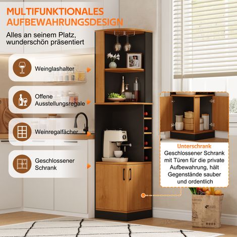Meuble d'angle à vin 40×40×182cm avec porte-verres, rangement d'angle compact pour cuisine, étagère à bouteilles et portes, autonome, bar d'appoint gain de place, idéal salle à manger, cuisine et séjo (1/5)