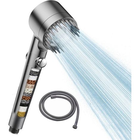 Pommeau de douche haute pression – 3 jets – Filtre – Anti-calcaire – Argent – Tuyau 1,5 m (1/5)