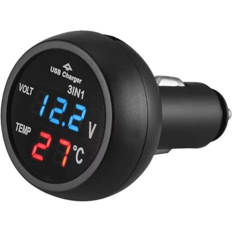 Voltmètre de véhicule 3 en 1, chargeur USB, thermomètre et voltmètre de batterie de voiture, panneau d'affichage numérique LCD, pour allume-cigare 12 V 24 V (lumière rouge bleue 1 pièce) (1/5)