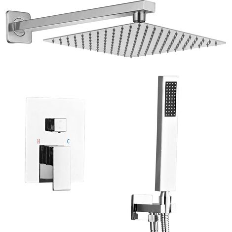 Sanitemodar – Colonne de douche thermostatique encastrée noire – Douche de plafond 25x25cm – Douchette à main – Acier inoxydable – Finition chrome (1/5)