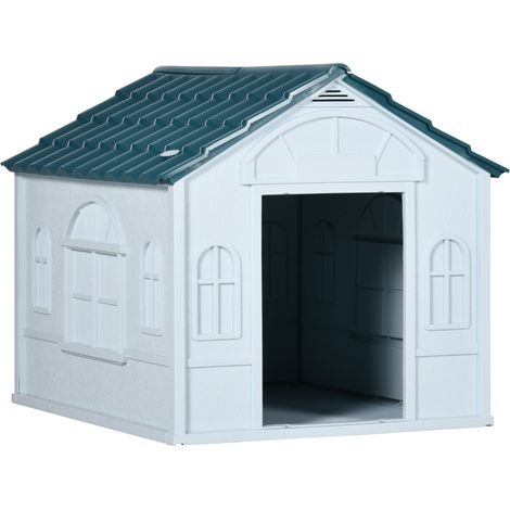 Plastic Weather-Resistant Dog House, for Indoors and Outdoors, Medium Dogs - White and Blue (1/4)