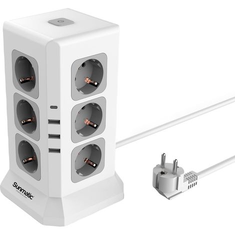 Multiprise 12 Prises EU avec Parafoudre, 3 Ports USB-A, 1 Port USB-C – PC Ignifuge, Protection Contre Surcharge, Sécurité Enfant, Câble Pur Cuivre 2M, 3680W pour Maison & Bureau (1/5)