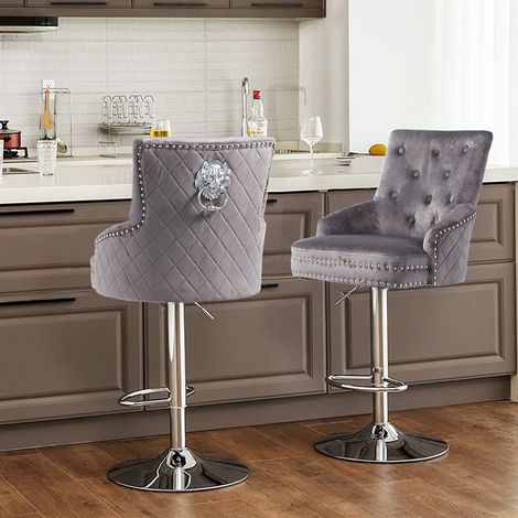 1x Crushed Velvet Upholstered Breakfast Bar Stool Chrome Lion Knocker &Button - Grey (1/5)