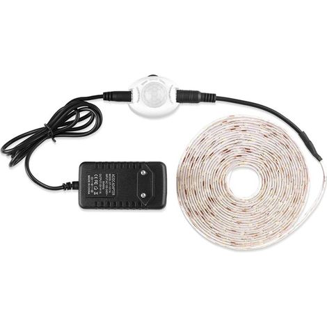 5m blanc froid Veilleuse LED, Ruban de LED flexible avec détecteur de mouvement PIR - Kit complet avec transformateur DC 12V, IP65 étanche pour lit d'enfant, couloir, cuisine (1/5)