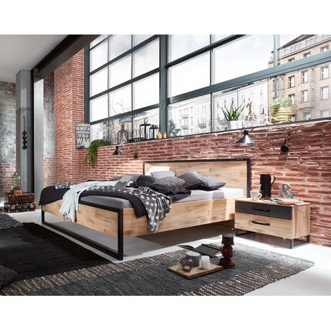 Lit futon adulte et 2 chevets Imitation chêne poutre rechampis raw steel - 160 x 200 cm -PEGANE- (1/2)
