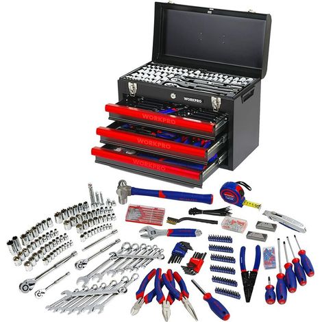 – Boîte à outils complète 408 pièces – Caisse en aluminium noir et rouge – Résistante, avec 3 tiroirs – Outils en acier au chrome-vanadium (1/5)
