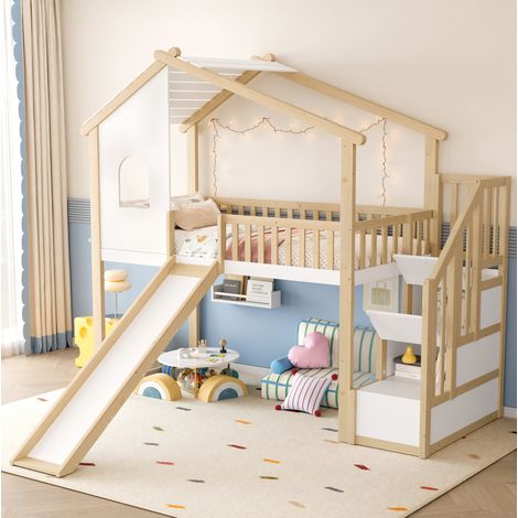 Letto a soppalco in legno di pino naturale e bianco 90x200 cm con scivolo, scala contenitore e barriera (1/5)