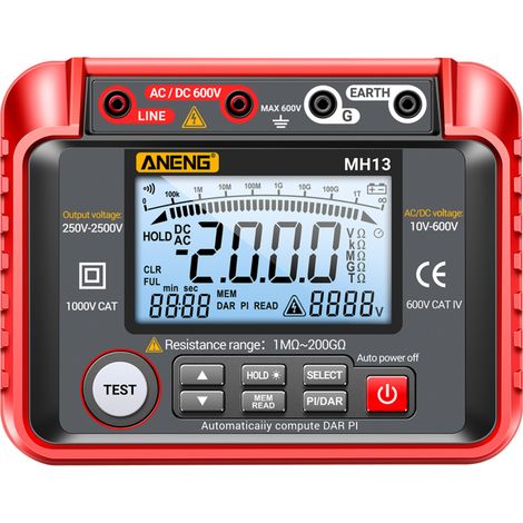 ANENG MH13 Isolationswiderstandsmessgerät 250-2500 V, 1 MΩ-200 GΩ, 2000-Zähler-LCD-Anzeige, 100-Messwerte-Speicher (AC/DC 10-600 V)