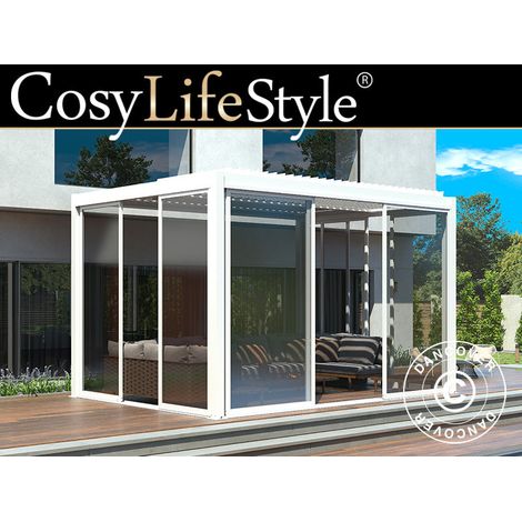 Bioklimatischer Pergola-Pavillon San Pablo Alu+ mit Schiebetüren, 3x4m, Weiß - Dancover