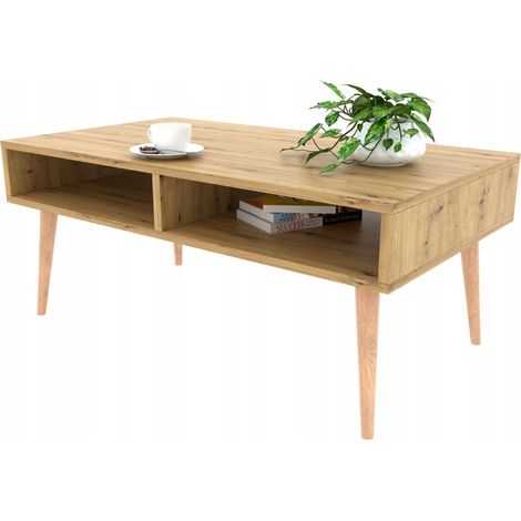Table basse scandinave, banc en chêne avec étagère (1/5)