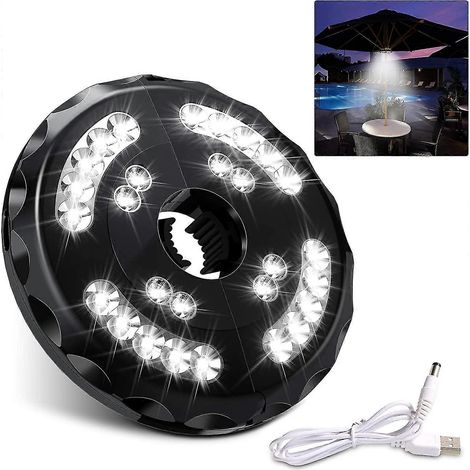 Lampe de parasol rechargeable à 28 LED, avec 2 modes d'éclairage et une pince élastique réglable, idéale pour parasol de jardin, tente de camping et autres espaces extérieurs. (1/5)