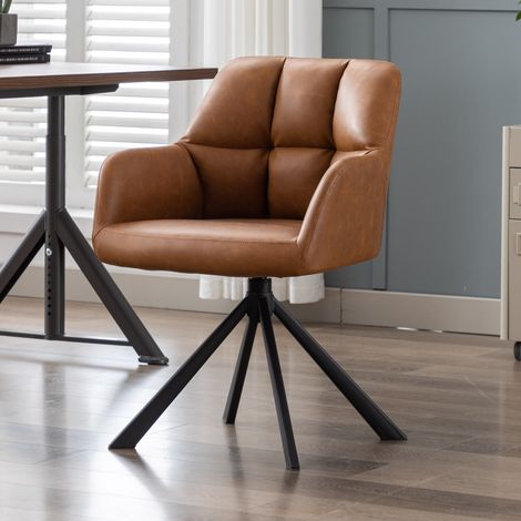 Wahson Office Chair in PU Leather Upholstered Task Chair Height-fixed Modern Swivel Desk Chair without Wheels for Home Office, Brown