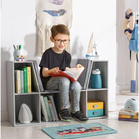 Bibliothèque enfant grise avec banquette, 6 compartiments et 3 coussins 103x30x62 cm (1/5)
