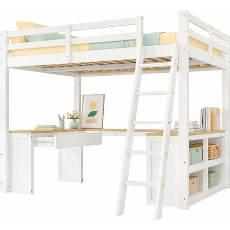 Lit mezzanine enfant 140x200 avec bureau en U, 2 tiroirs, étagère de rangement et échelle inclinée 5 marches, blanc et bois clair CHICFURN (1/5)