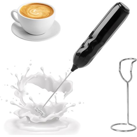 Mousseur à Lait Electrique, Mini Fouet en Acier Inoxydable, Fonctionne à Piles, Melangeur Puissant pour Café, Café au Lait, Cappuccino, Chocolat Chaud, avec Support, Noir (1/5)