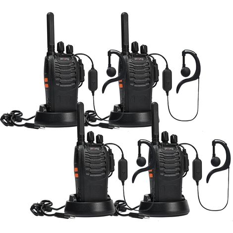 PT88E PMR446 Walkie Talkie senza licenza a 16 canali, ricaricabile con caricabatterie USB, torcia a LED, walkie talkie professionale con auricolare per famiglia, scuola (4 pezzi, nero) (1/4)