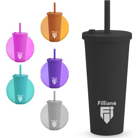 Gobelet avec paille et couvercle Tumbler à double paroi, Verre à boisson 710 ml Café, Thé, Tumbler en acrylique avec grande paille, tasse avec bouchon, Tumbler avec paille (Noir) (1/5)