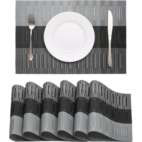 Sets de Table Lavable Lot de 6 Sets de Table PVC Sets de Table Plastique Set de Table Moderne Résistant à la Chaleur Antidérapant pour Cuisine Table à Manger, 45x30cm (Noir-Gris)