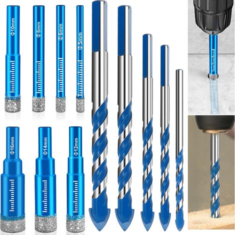 12 Stück Fliesenbohrer Steinbohrer Set,7 Stück Diamantbohrer Glasbohrer 5/6/8/10/12/14/16mm und 5 Stück 6/8/10/12mm Dreiecksbohrer Set für Granit,Glas,Fliesen,Stahl,Beton (1/5)