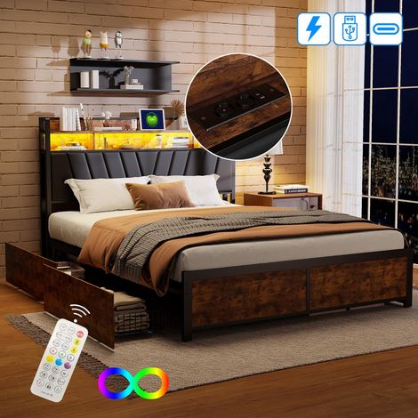 Letto con cassetti 180x200 cm – Letto matrimoniale per adulti con rete, LED smart, USB e prese EU – Metallo e legno – Marrone