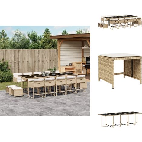 15-tlg. Garten-Essgruppe mit Kissen Beige Poly Rattan - Gartenmöbel Set - Gartentisch - Gartenstühle - Gartenhocker - Rattan Möbel (1/5)