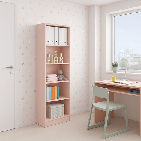 Dmora - Buchhandlung Dmacagg, Hohes Bücherregal mit 5 Regalen, Büro- oder Schlafzimmerregal, Modernes Regal mit Fächern, 52x25h80 cm, Rosa (1/5)