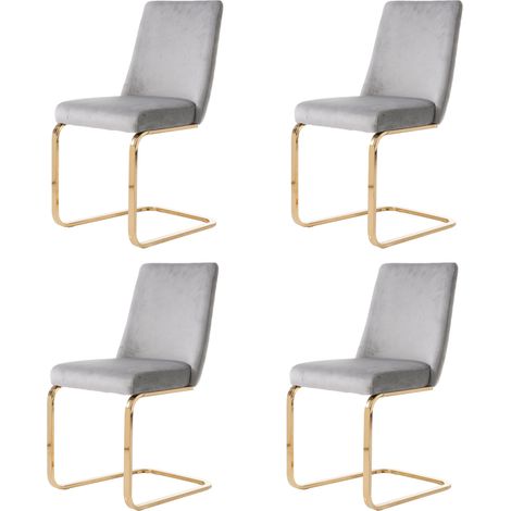 Chaise de salle à manger en velours grise avec pieds en métal doré, design dos diamant, lot de 4 (1/5)