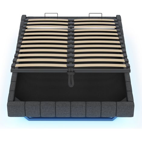 Letto imbottito 140 x 200 cm con contenitore idraulico, LED e struttura grigia senza testiera (1/5)
