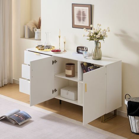 Buffet bas de salon 160x40x81.5cm, Meuble de rangement moderne pour salle à manger, en MDF avec 3 tiroirs et 2 portes pieds en acier, Blanc (1/5)