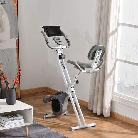 Klappbares magnetisches Heimtrainer-Fahrrad, Fitnessbike, Indoor-Bike, hoher Komfort, verstellbarer Sitz und Rückenlehne, Griffe, Multifunktions-LCD-Bildschirm, Tablet-Halterung, Stahl, weiß/grau