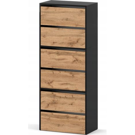 Meuble à chaussures modulable 60x36x150 cm – 6 étagères pour 18 paires – Panneau stratifié noir mat et chêne wotan – Facile à assembler (1/5)